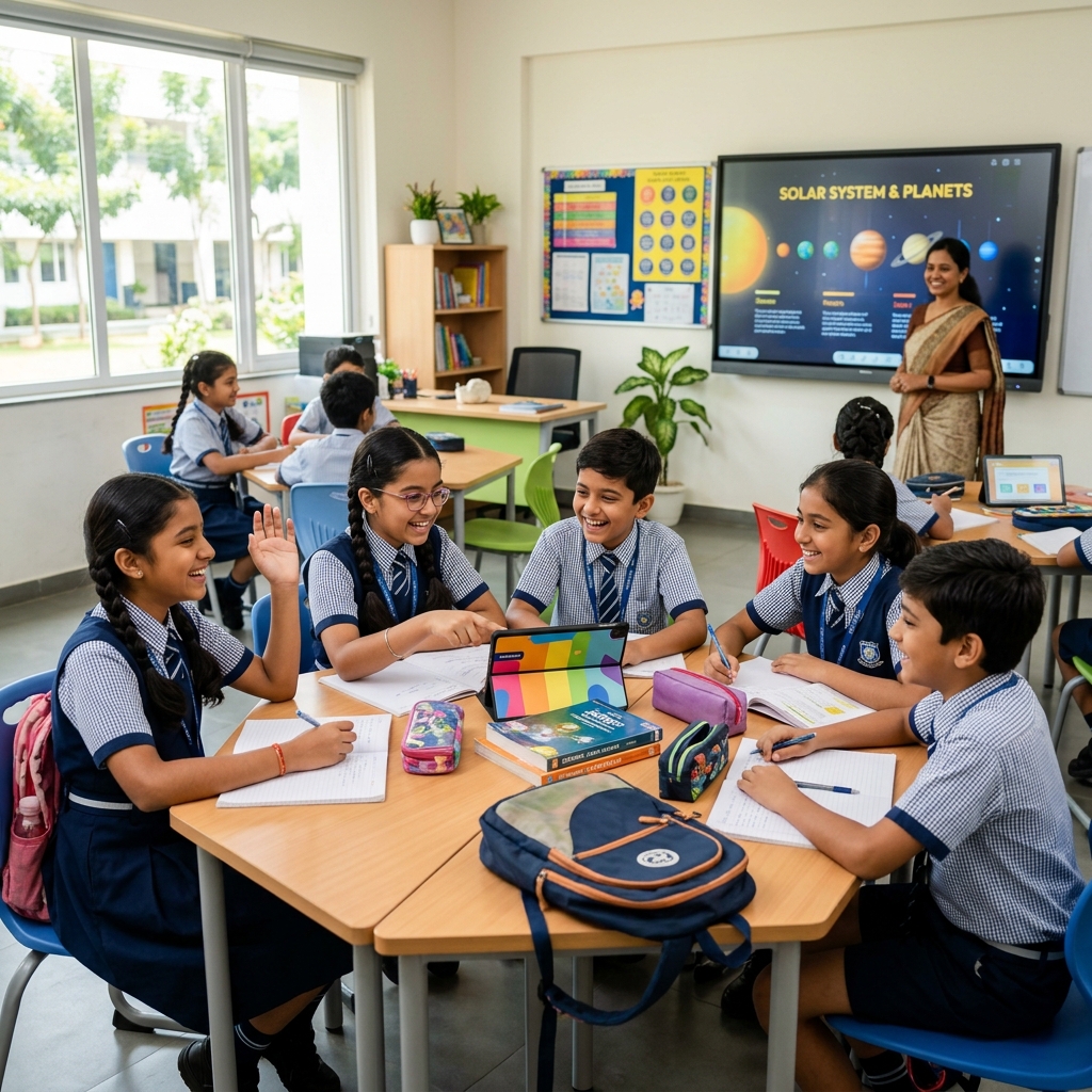Students learning in modern classroom at Santhan High School